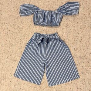 Blue and White Striped Two-Piece Crop Top & Wide Leg Pants Set